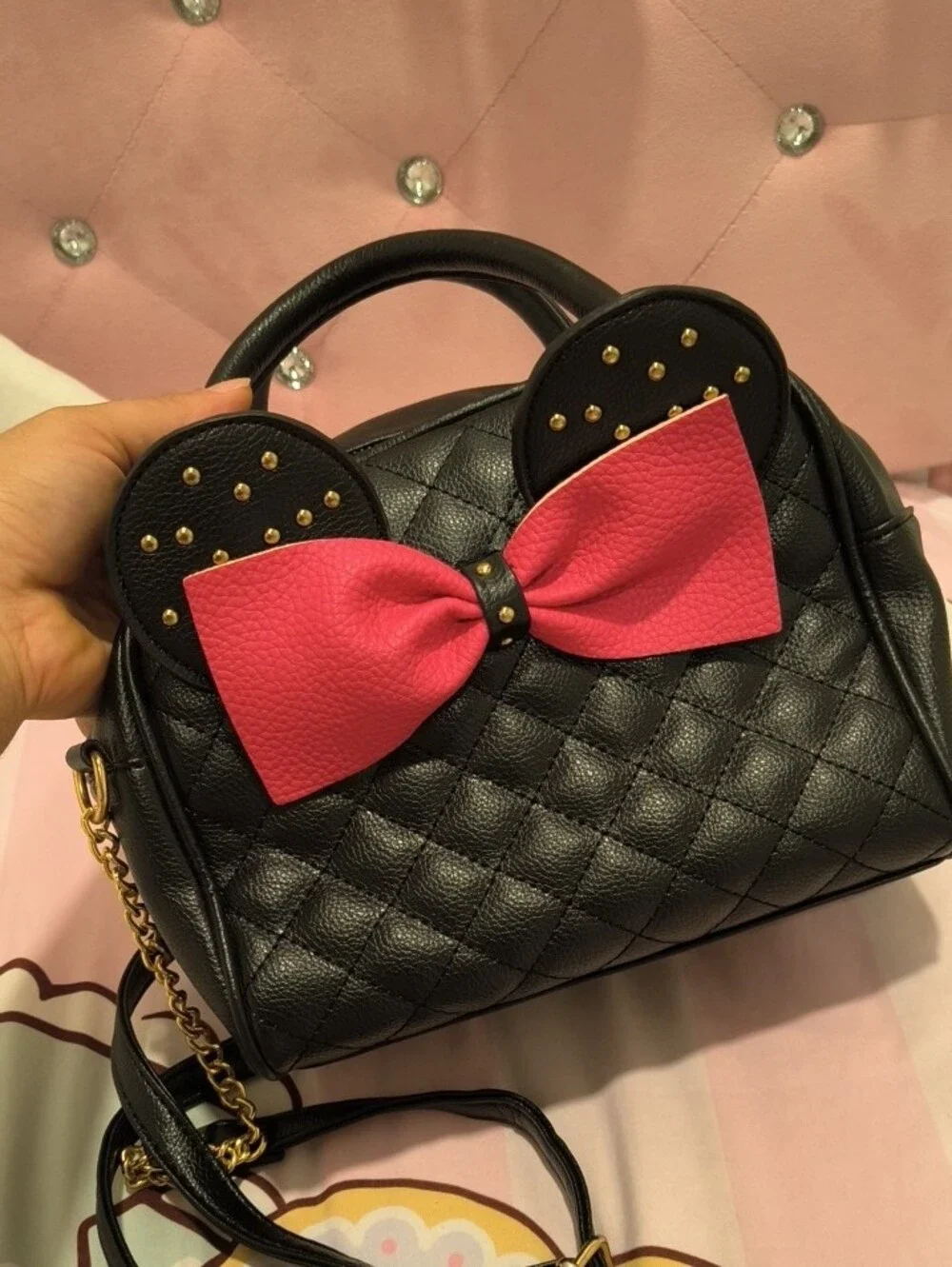 Black Quilted Crossbody Bag with Pink Bow